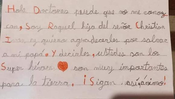 Piura: niña escribe conmovedora carta de agradecimiento a doctores por salvar la vida de su papá (Foto: hospital nuestra señor de las Mercedes)