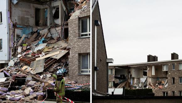 Esta fotografía tomada el 31 de diciembre de 2021 muestra los escombros de un edificio quemado luego de una explosión de gas que ocurrió en Turnhout, Amberes, Bélgica. (Foto de KRISTOF VAN ACCOM / varias fuentes / AFP) / Bélgica OUT