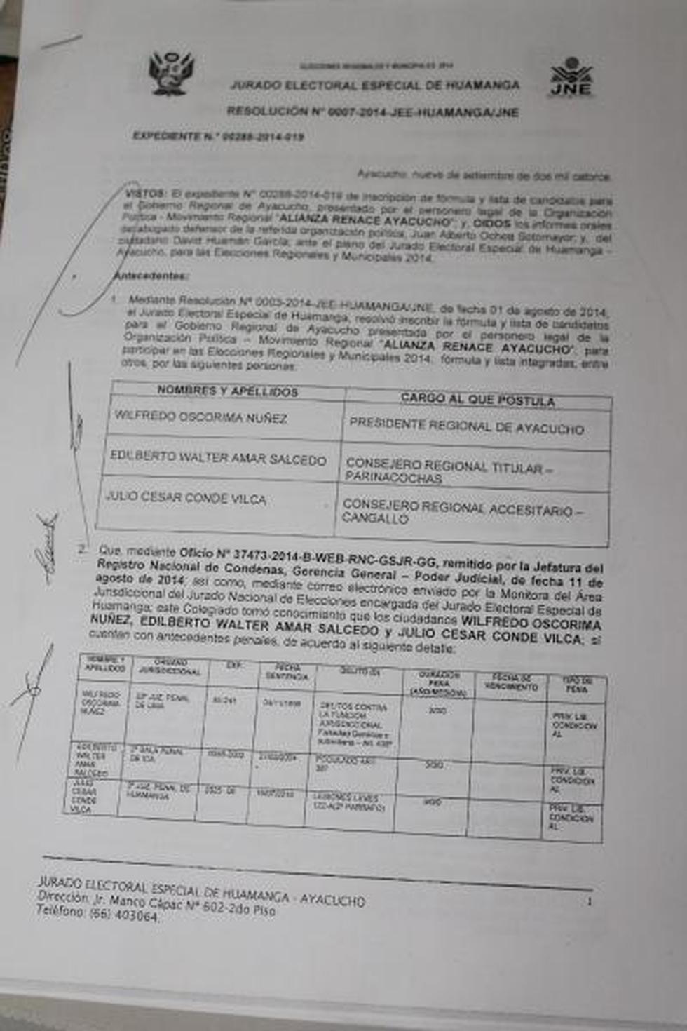 Wilfredo Oscorima es excluido como candidato