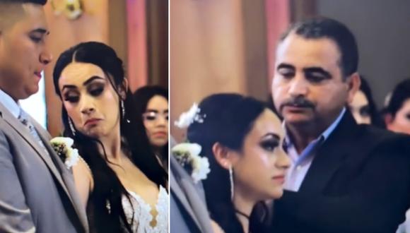 En esta imagen se aprecia la divertida reacción de un padre al ver que a su hija se le cayó el velo en plena boda. (Foto: @jenesiscorona / TikTok)
