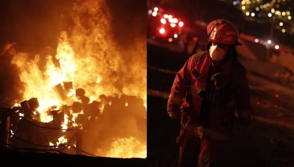 Las intensas llamas del incendio y un bombero que lucha contra el fuego. | Foto: César Campos.