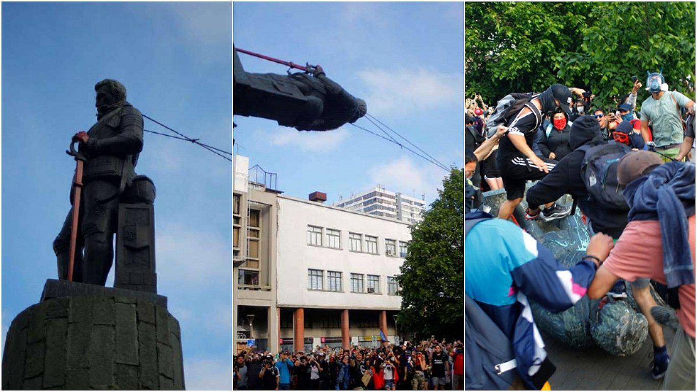 ​Chile: manifestantes derriban estatua de Pedro Valdivia en Concepción (VIDEO)