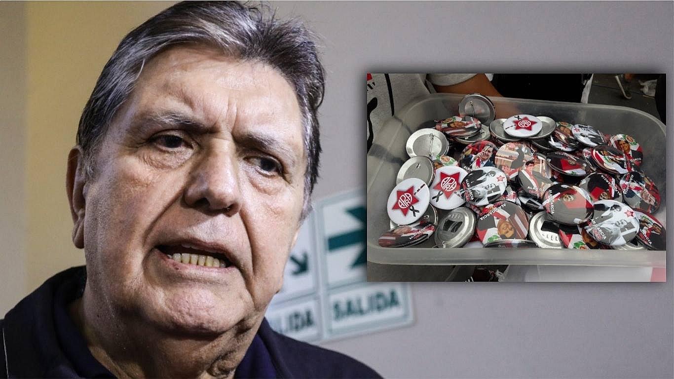 Venden 'pines' con el rostro de Alan García en los exteriores del local de su velorio