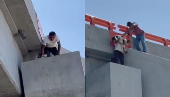 Tras poner un alto a sus labores, trabajadores municipales subieron hasta viga de cemento y lograron ayudar al can.