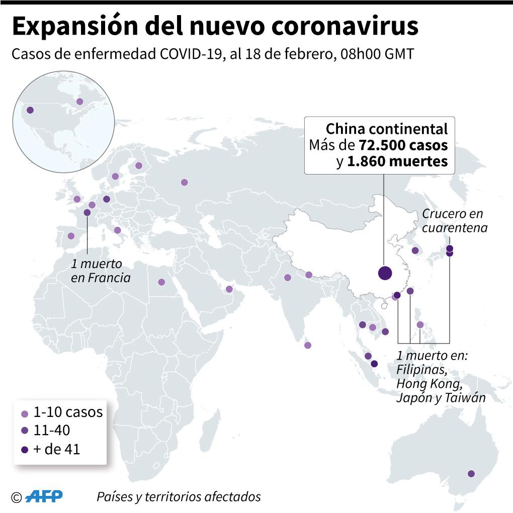 Países y territorios con casos confirmados del nuevo coronavirus (COVID-19) y número total de muertes, al 18 de febrero. (AFP).