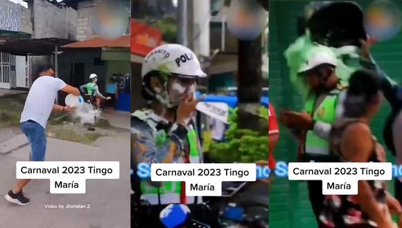 Policías fueron mojadas con baldes de pintura cuando se movilizaban en una moto acompañando a los carvanaleros que se movilizaban por diferentes calles de Tingo María/ Foto: Difusión