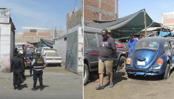 Policías en un taller frente al Centro Comercial Polvos Rosados donde se hacía la transacción de autopartes robados y se detuvo a tres personas