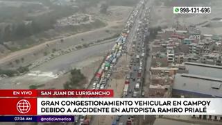 Vía Ramiro Prialé: reportan congestión vehicular tras choque entre dos camiones | VIDEO