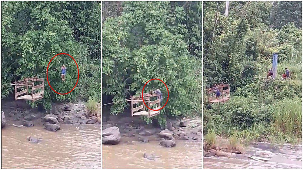 Niño arriesga su vida para reparar 'huaro' con el que escolares cruzan el río (VIDEO)