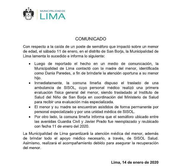 Poste de semáforo le cae en la cabeza a niño de 7 años, en San Borja