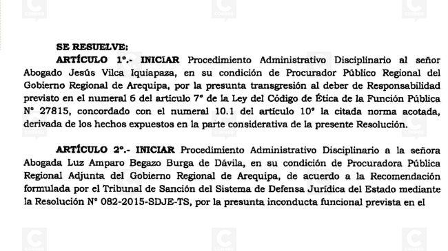 Gobierno Regional Arequipa inició proceso disciplinario a procuradores Vilca y Begazo
