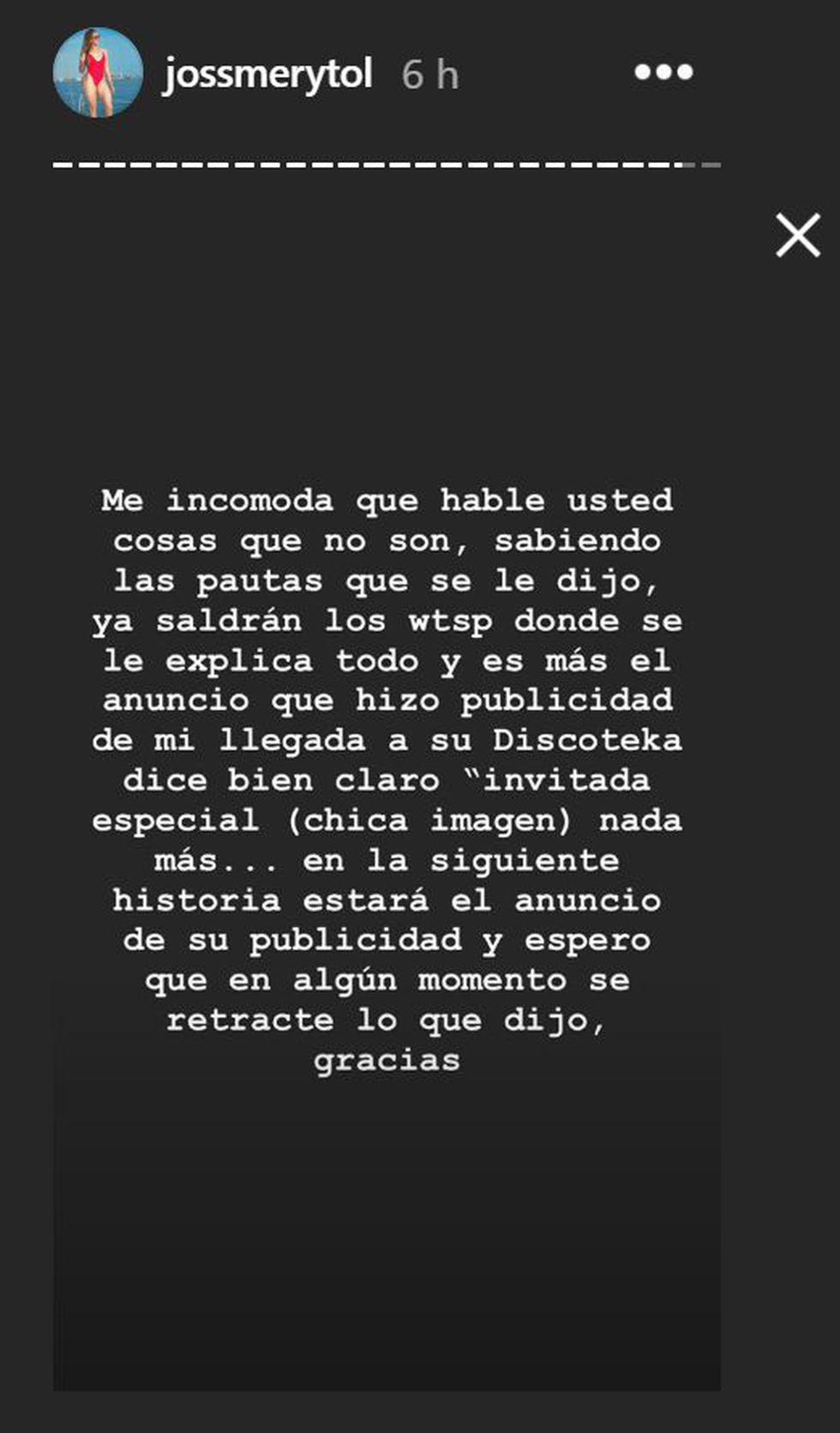 Jossmery Toledo responde a empresario que la tildó de ‘estafadora’: “Solo fui de imagen”