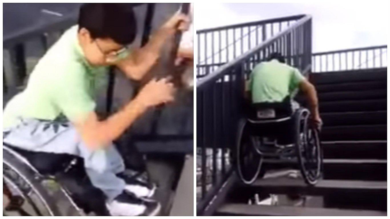 Joven en silla de ruedas sube puente peatonal sin ayuda e impacta en YouTube