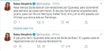 Periodistas informan sobre el posible fichaje de Quevedo por Goiás.