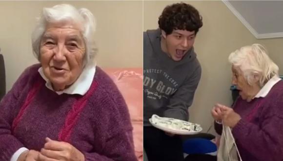 La abuelita sorprendida con la sorpresa de su nieto. | Foto: Captura de pantalla.