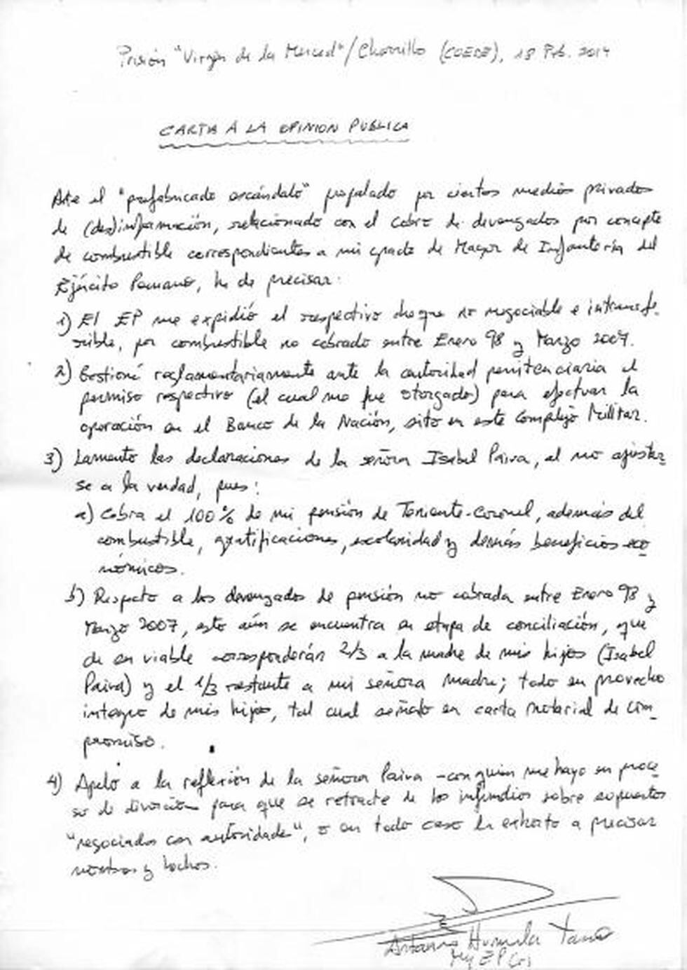 Antauro Humala envía carta y califica de "prefabricado escándalo" denuncia en su contra