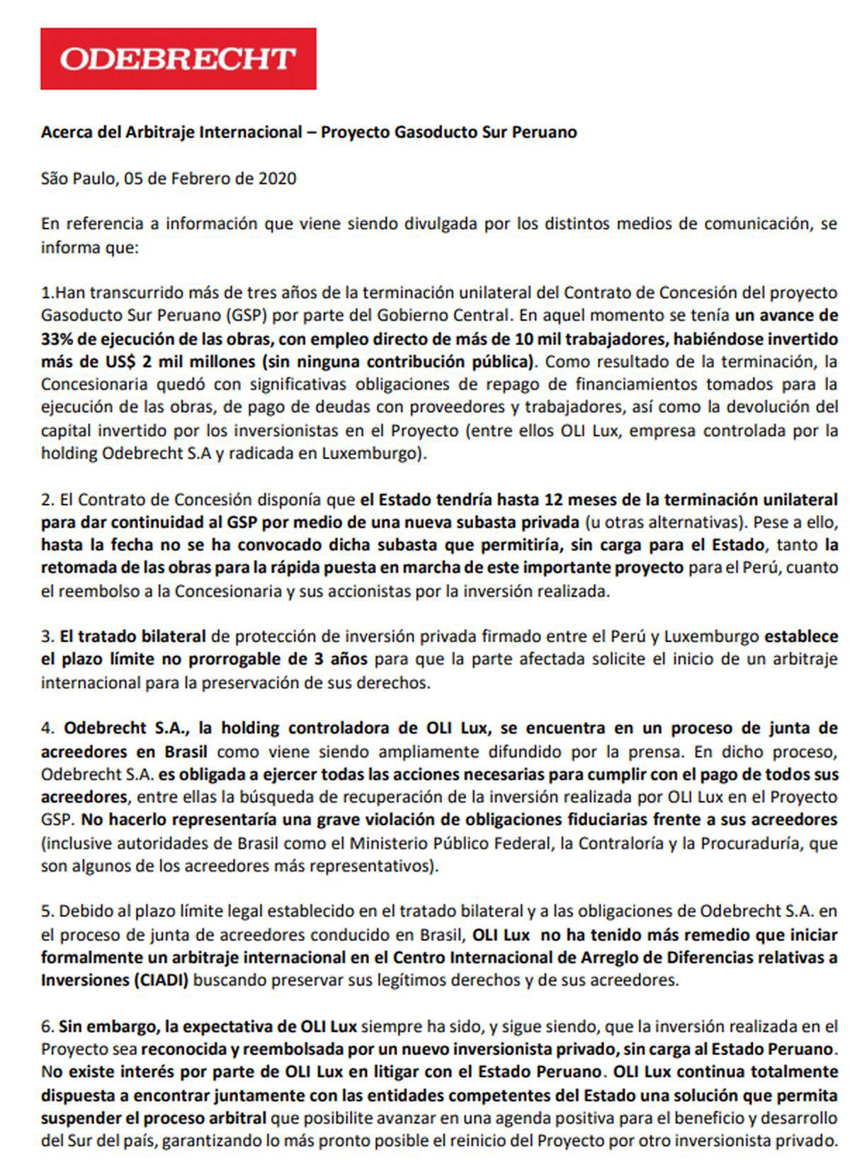Comunicado de Odebrecht