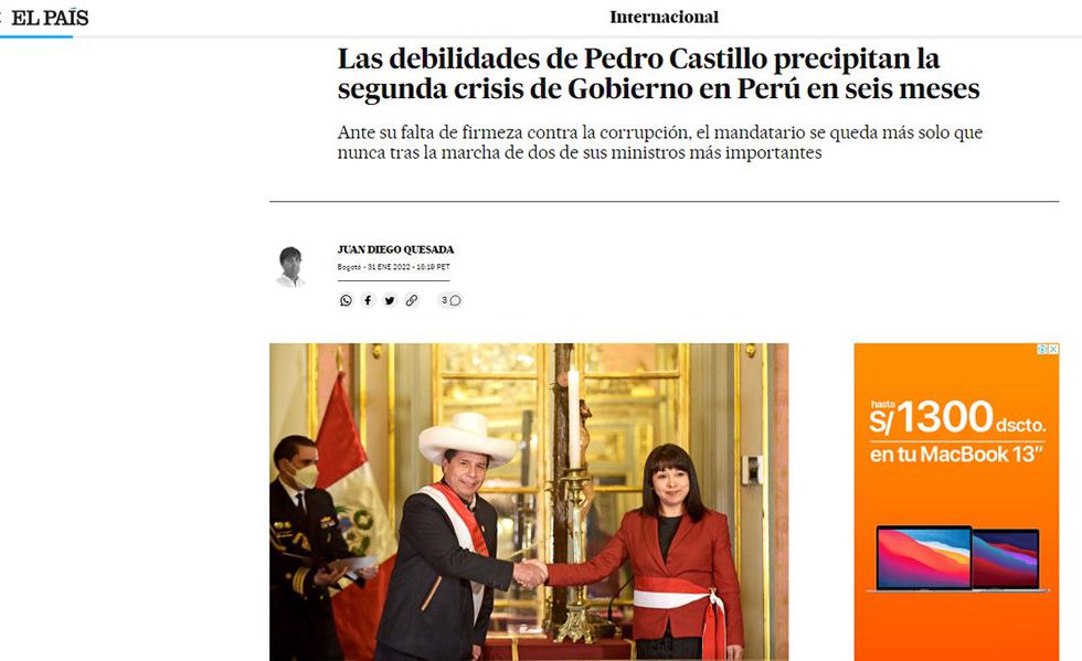 Medios internacionales informan sobre la crisis en el gobierno de Pedro Castillo, quien anunció un nuevo gabinete tras la renuncia de dos ministros. (Foto: captura El País)
