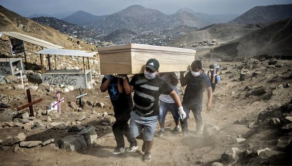 Familiares cargan el ataúd de una presunta víctima de coronavirus COVID-19 en el cementerio de Nueva Esperanza, uno de los más grandes de América Latina, en las afueras de Lima, Perú. (Foto de Ernesto BENAVIDES / AFP).