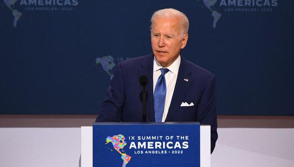 El presidente de los Estados Unidos, Joe Biden, se dirige a una sesión plenaria de la 9.ª Cumbre de las Américas en Los Ángeles, California, el 9 de junio de 2022. (Foto de Patrick T. FALLON / AFP)