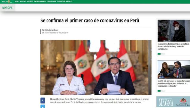 El medio Metro de Ecuador indicó que se había confirmado el primer caso del COVID-19 en nuestro país. (Metro).