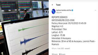 Temblor de magnitud 4 sacude distrito José Crespo y Castillo, en Huánuco