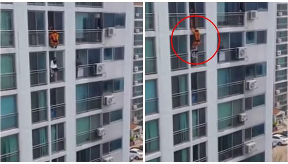 Intrépido bombero rescata a mujer esta con particular maniobra [VIDEO]