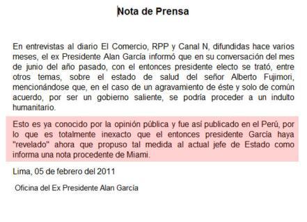 Alan García baja el tono a declaraciones sobre indulto a Fujimori