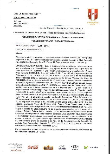 Sancionan a Ayacucho FC por denuncia por suplantación de jugador