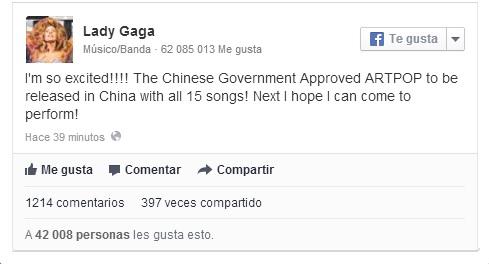 Lady Gaga celebra que China apruebe la venta de su álbum ARTPOP