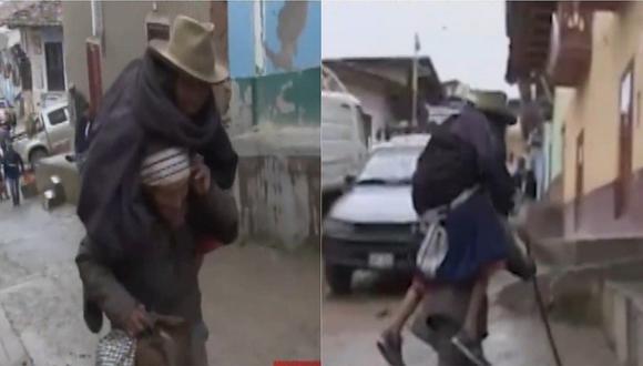 Anciano carga a su esposa de 81 años en su espalda durante 6 horas para cobrar Pensión 65 (VIDEO)