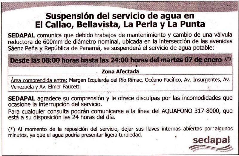 Suspenderán servicio de agua en El Callao el martes 7 de enero