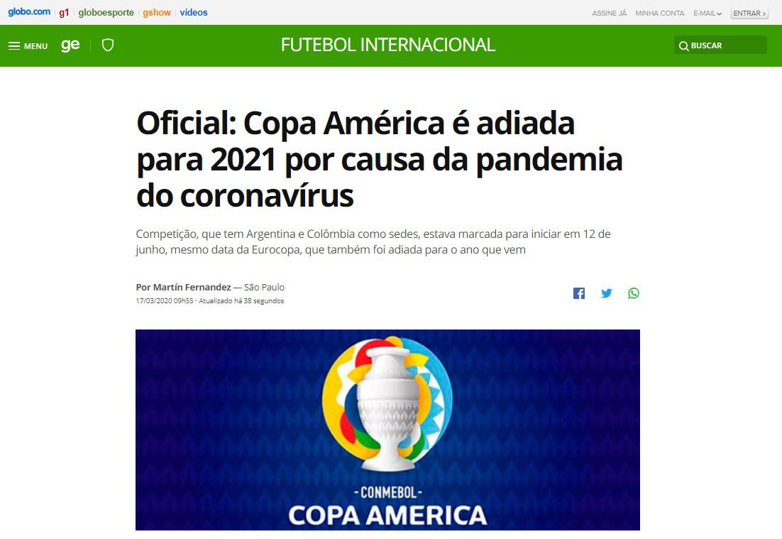 Globo Esporte informó del aplazamiento de la Copa América para el 2021