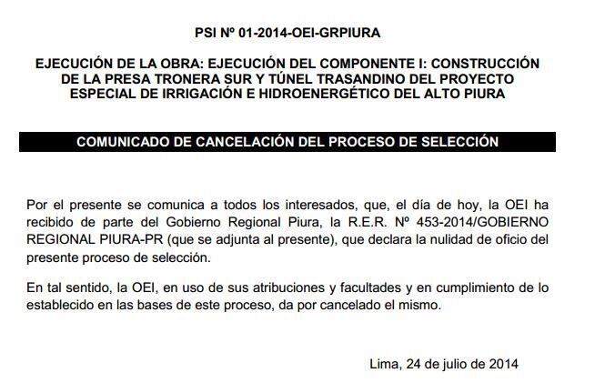 Gobierno Regional cancela licitación del Proyecto Especial Alto Piura