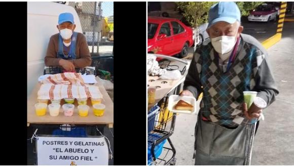 Adulto mayor conmueve al vender sus postres en la calle pese a la pandemia. (Fotos: Twitter)