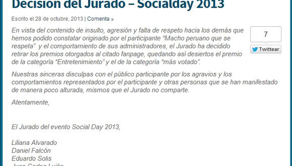 "Social Day" retira premio a Macho Peruano que se Respeta