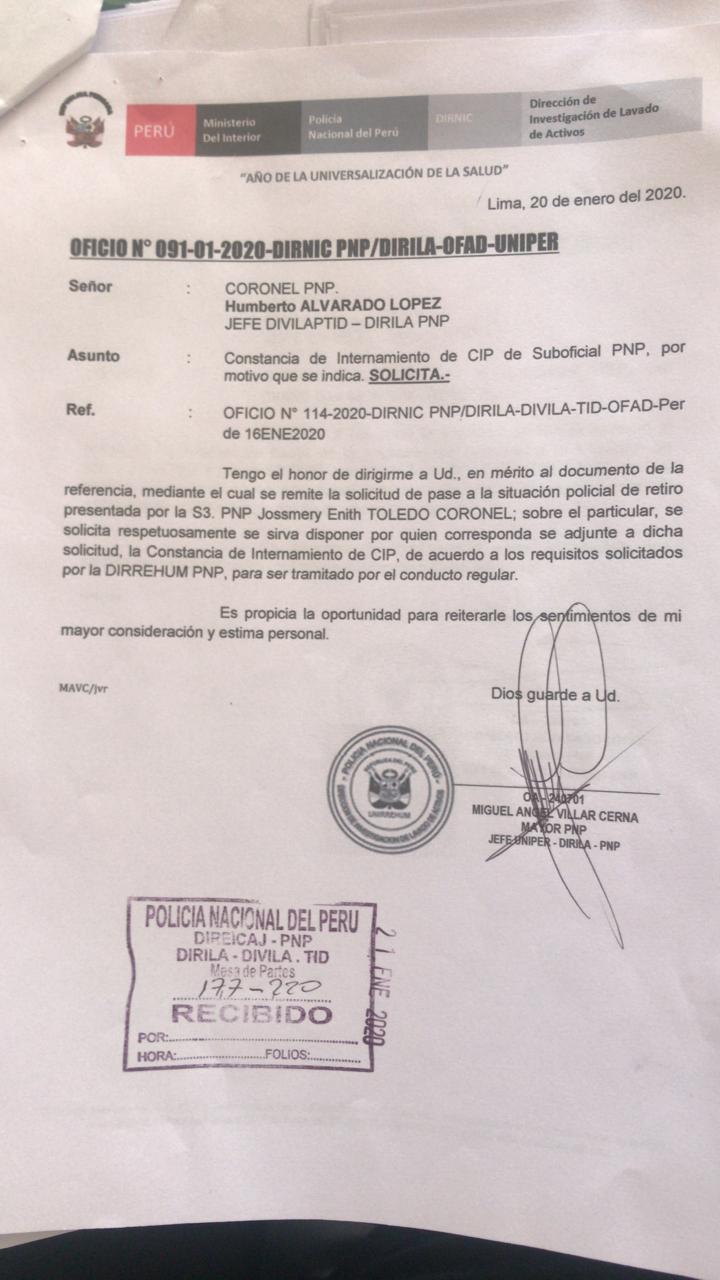 Jossmery Toledo solicitó su pase al retiro a la Policía Nacional del Perú