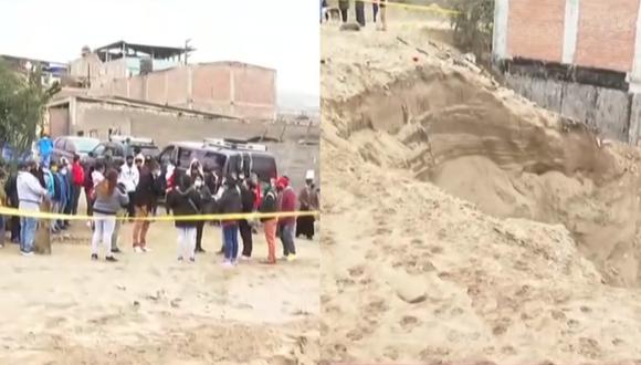 Vecinos ubicados a unos metros del abismo de arena y pidiendo justicia por la muerte del niño en Ventanilla. | Foto: Captura de pantalla de Latina.