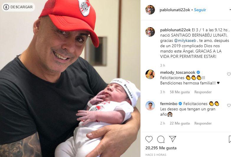 La publicación de Pablo Lunati sobre el nacimiento de su hijo. (Foto: Instagram)