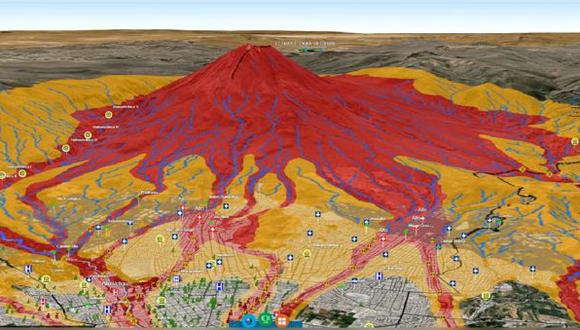 Arequipa: Mapa en 3D muestra las zonas que serían devastadas en una posible erupción del Misti. (Foto: Ingemmet)