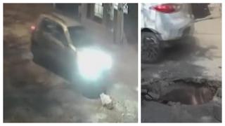 Auto queda atascado en buzón sin tapa de calle en Chincha (VIDEO)