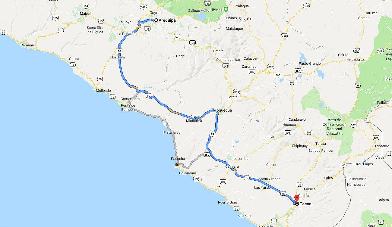 Distancia de Arequipa a Tacna