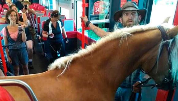 Jinete sube a tren junto a su caballo en medio de pasajeros