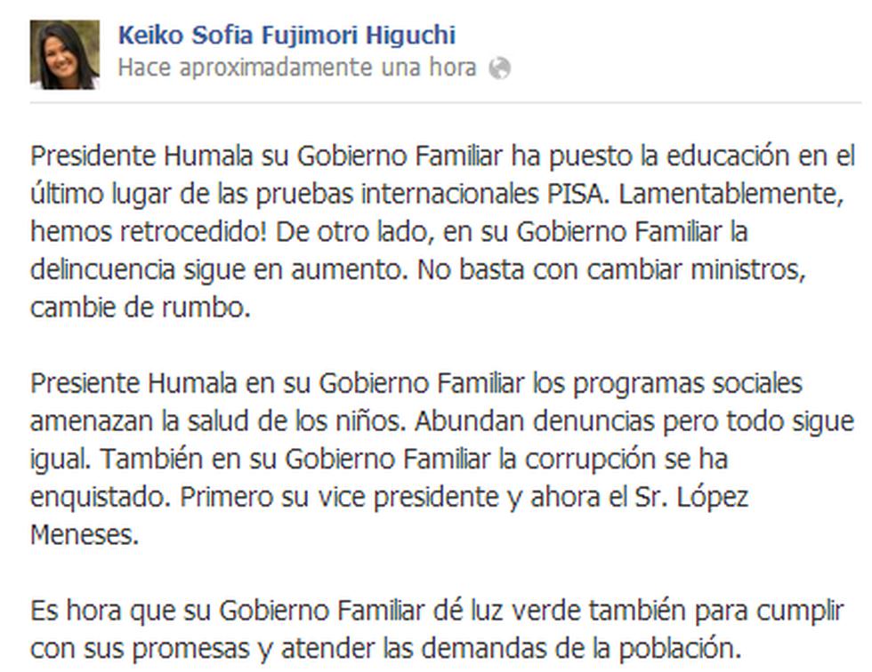 Keiko Fujimori culpa a Humala: "Su gobierno familiar pone la educación en último lugar"