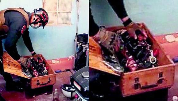 Agentes policiales del Escuadrón de Emergencia de la PNP hallaron una caja estaba camuflada entre herramientas de mecánica.