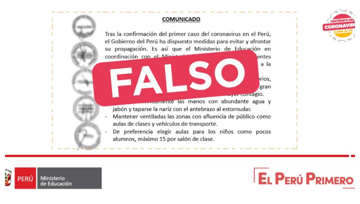Minedu advierte sobre circulación de falso comunicado respecto a medidas tras casos reportados de coronavirus en el país. (Foto: Difusión)