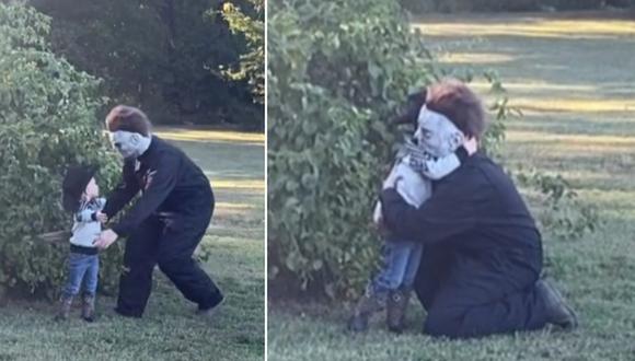 Un hombre disfrazado de Michael Myers se dirigió hacia donde estaba el niño para asustarlo. (Foto: @amberpatrick22 / TikTok)