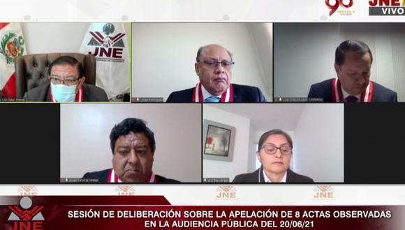 El pleno del JNE evalúa las actas impugnadas por Fuerza Popular y Perú Libre en audiencias públicas.  (Foto: Captura JNETV)