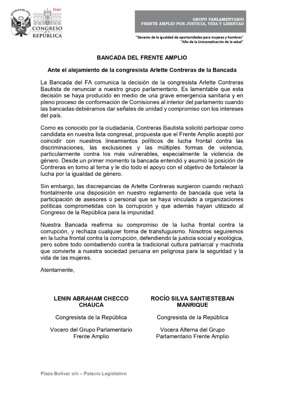 Comunicado del Frente Amplio sobre Arlette Contreras (Foto: Difusión)