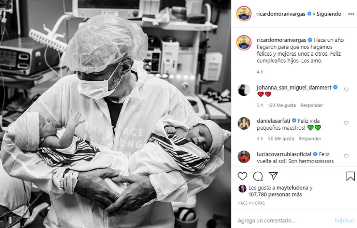 Ricardo Morán junto a sus mellizos en el día de su nacimiento. (Foto: Instagram oficial) 